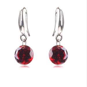Women Circular Shaped Ear Pins Red Zircon Eardrop Crystal Earring Stemped 925